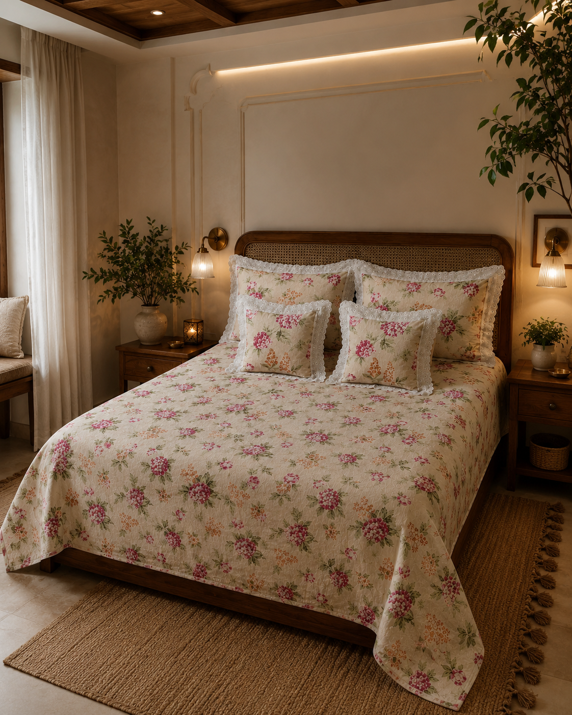 Pure cotton 5 piece bedding sets with 2 laced pillow covers and 2 laced cushion cover (108x108 inches)