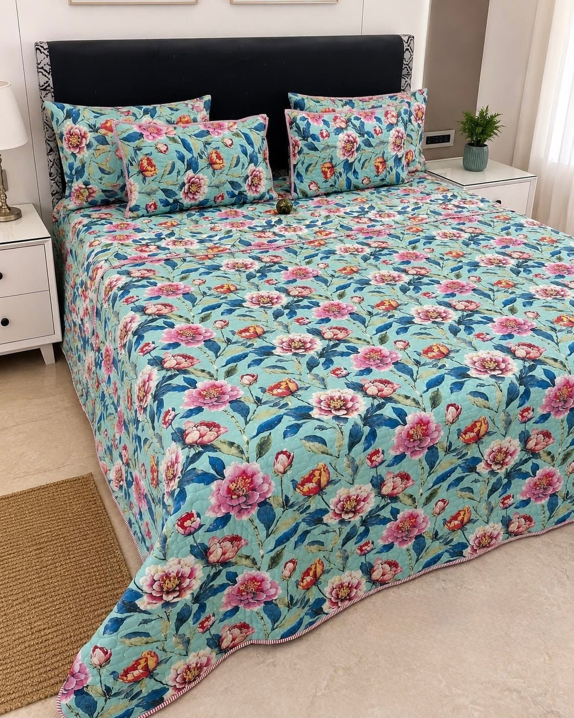 Pure cotton paani jaal quilted printed double bedcovers (90x108 inches)