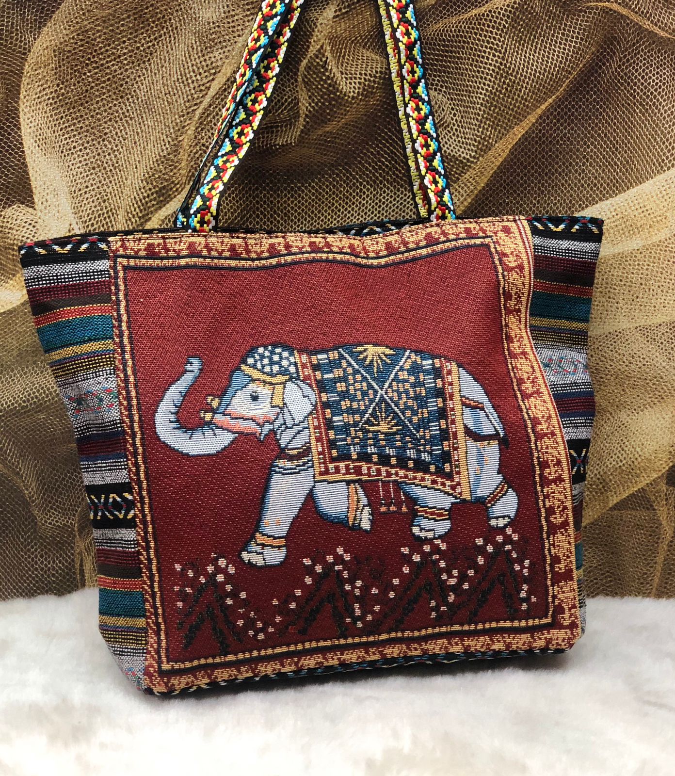 Jute cotton printed elephant tote bag (16x16 inches)