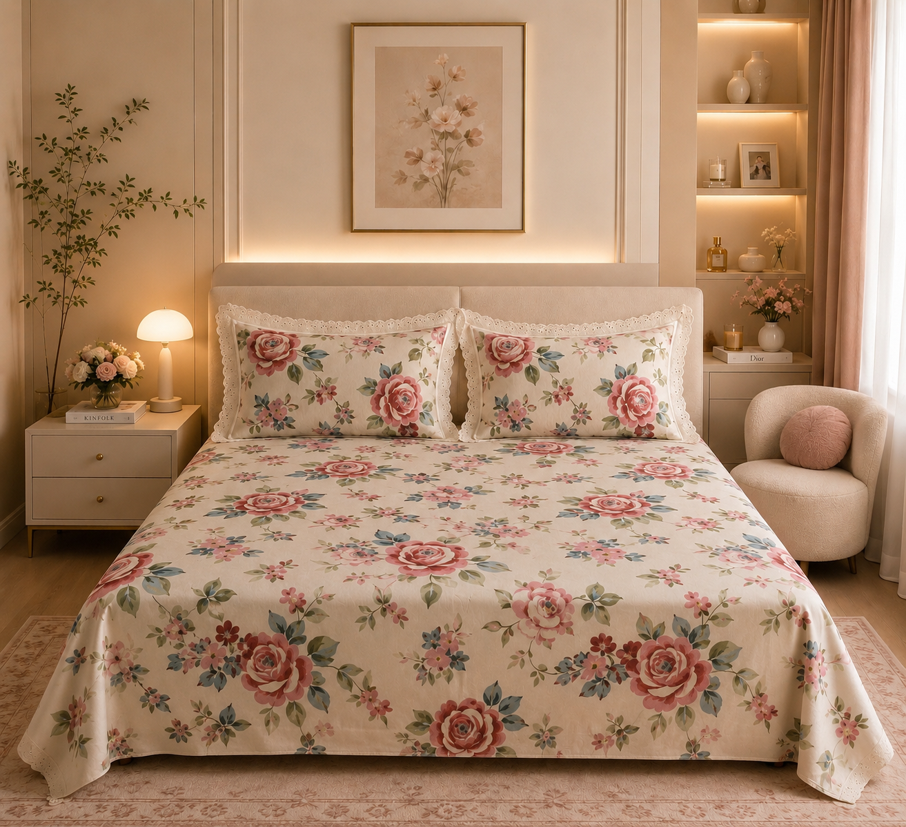 Pure cotton super king size bedsheets with 2 laced pillow covers (108x108 inches/9x9 feet)