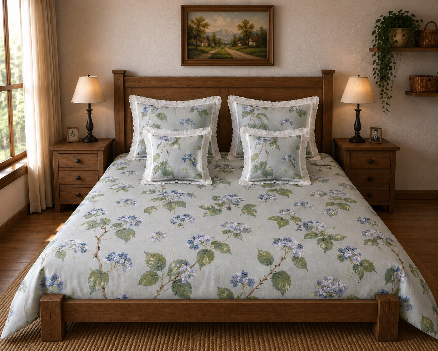 Pure cotton 5 piece bedding sets with 2 laced pillow covers and 2 laced cushion cover (108x108 inches)