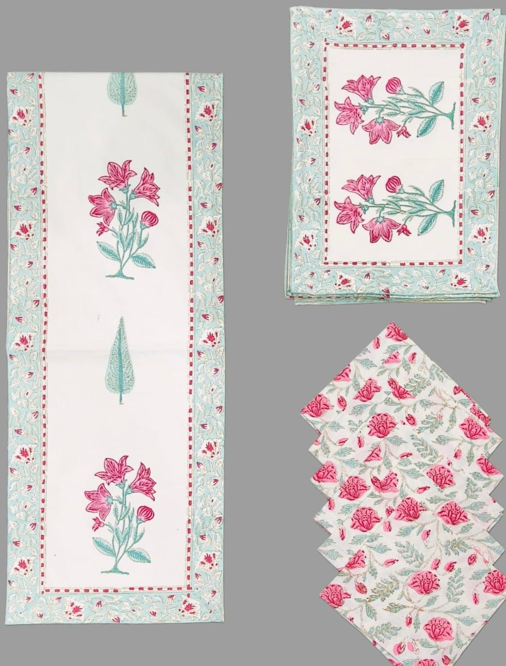 Pure cotton hand block printed placemats, runner and napkin combo for 6 seater dining table