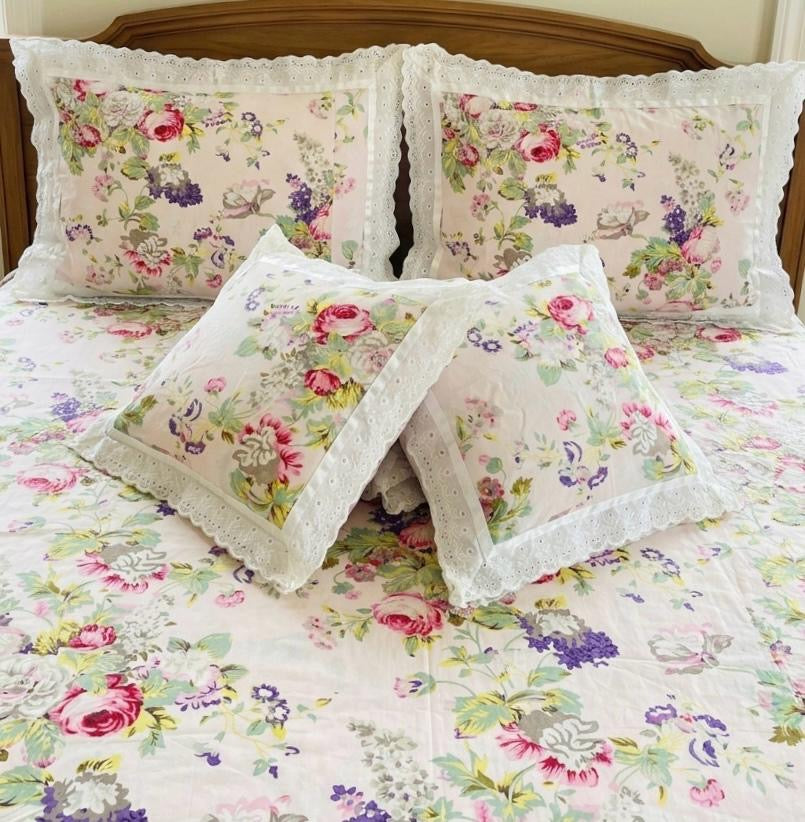 Pure cotton 5 piece bedding sets with 2 laced pillow covers and 2 laced cushion cover (108x108 inches)