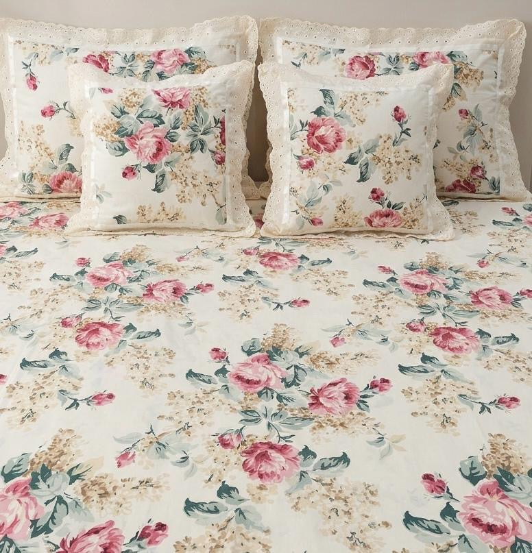 Pure cotton 5 piece bedding sets with 2 laced pillow covers and 2 laced cushion cover (108x108 inches)