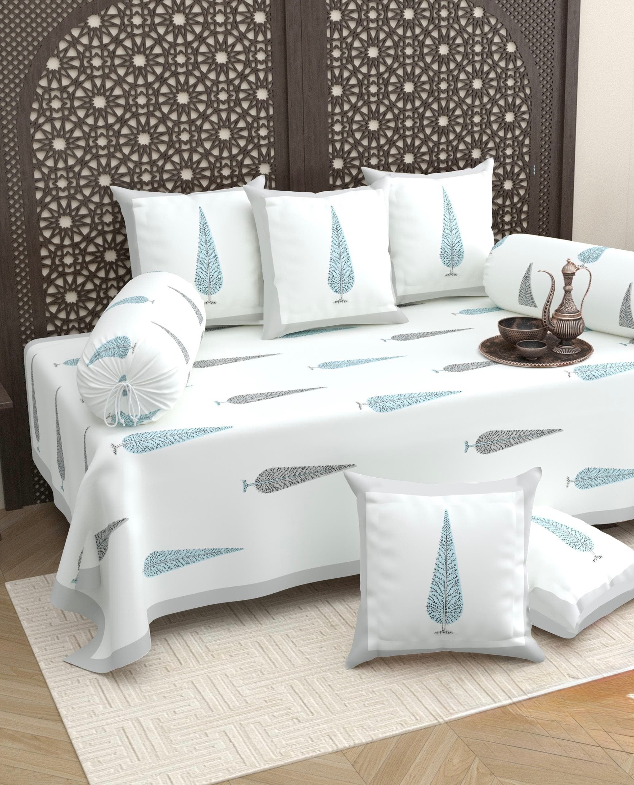 Pure cotton hand block printed 8 piece traditional diwan set (70x100 inches)