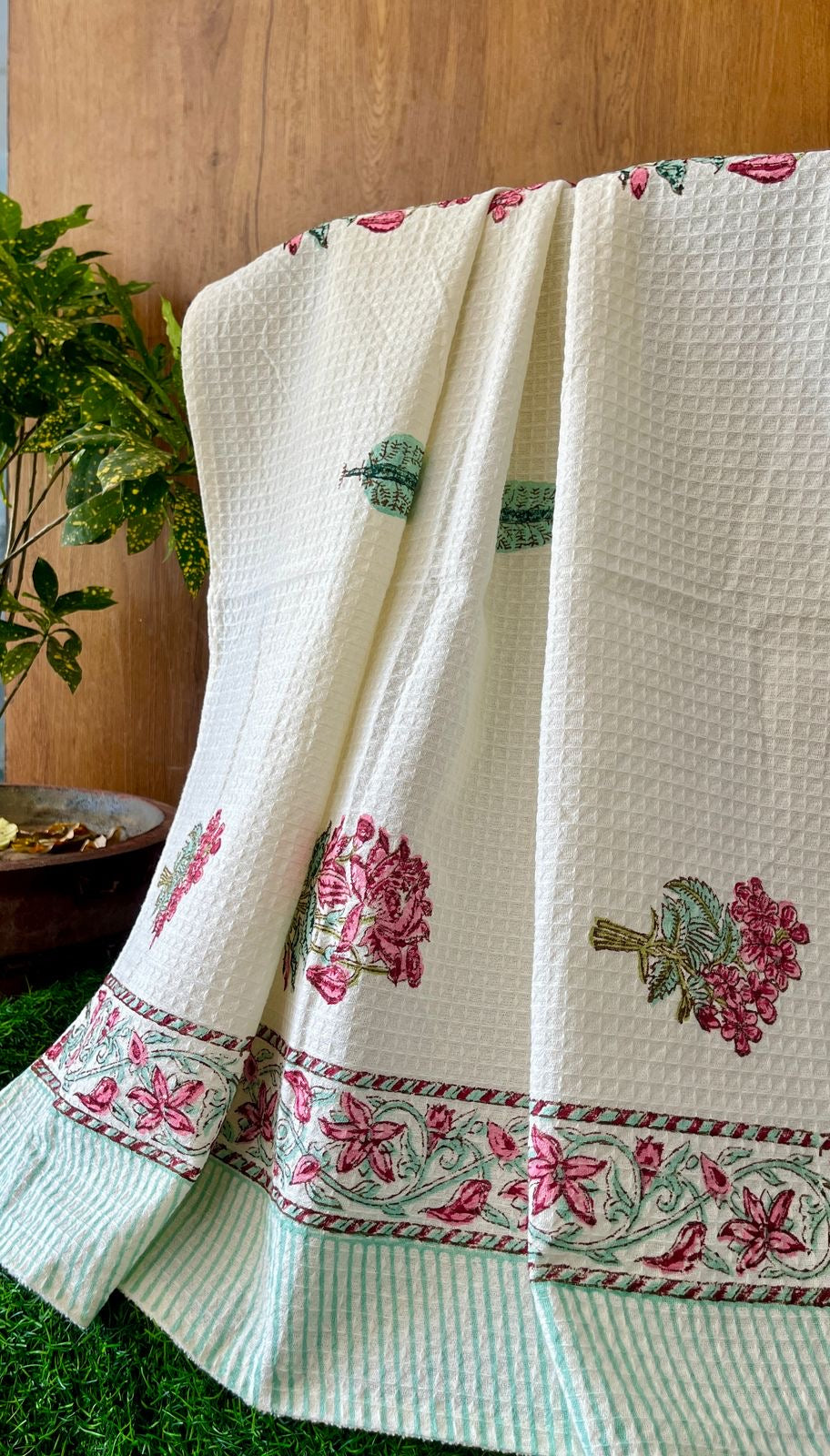 Pure cotton, hand-block printed waffle textured luxury bath towel