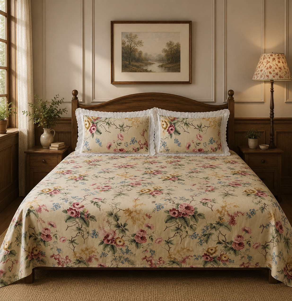 Pure cotton super king size bedsheets with 2 laced pillow covers (108x108 inches/9x9 feet)
