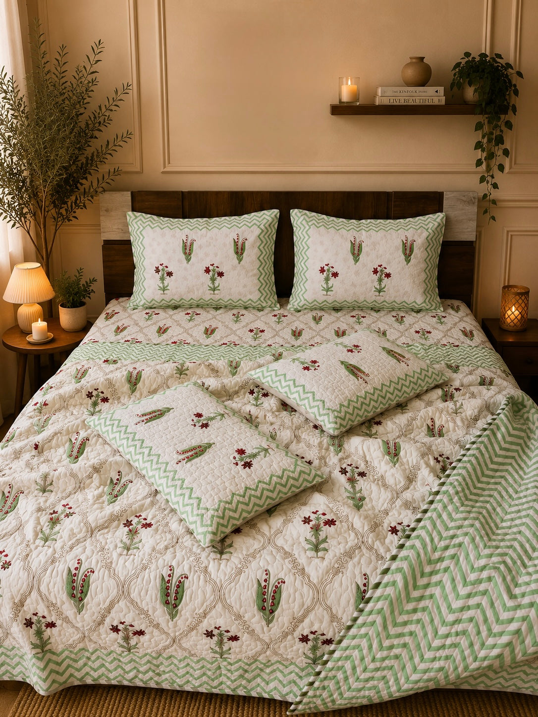 Pure cotton handblock printed king size 6 piece bedding set