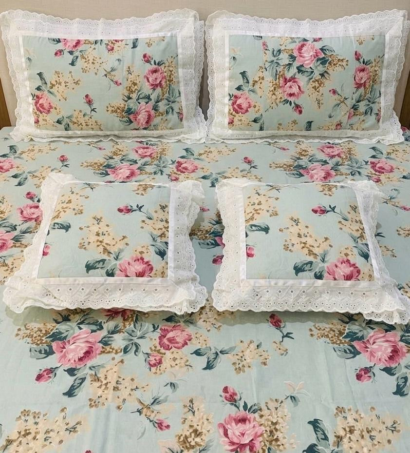 Pure cotton 5 piece bedding sets with 2 laced pillow covers and 2 laced cushion cover (108x108 inches)