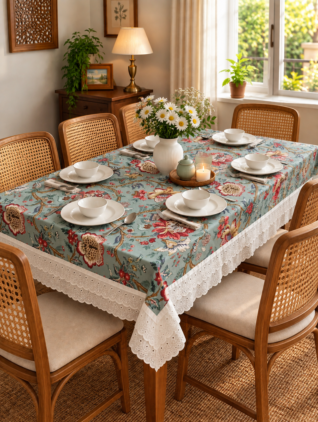 Pure cotton laced table covers for 4, 6 and 8 seater dining tables