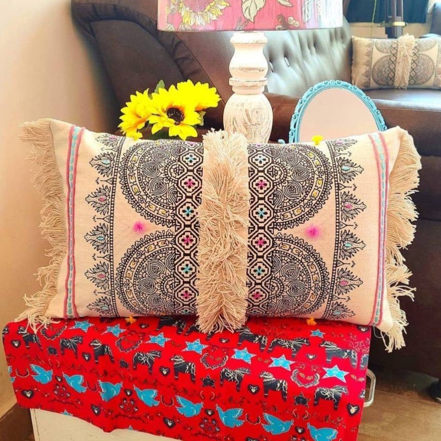 Beautiful handmade tasseled Aari embroidery rectangular cushion cover (30x50 cms)