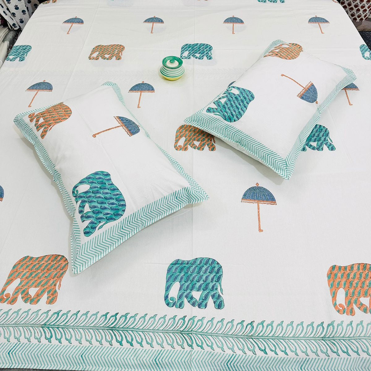 Wooden Handblock printed king size bedsheet with two flapped pillow covers (100x108 inches)