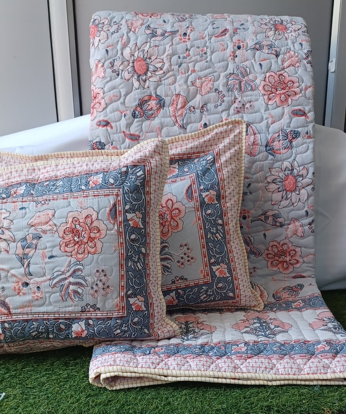 Pure cotton paani jaal quilted reversible double bedcovers with 2 quilted pillow covers (90x108 inches)