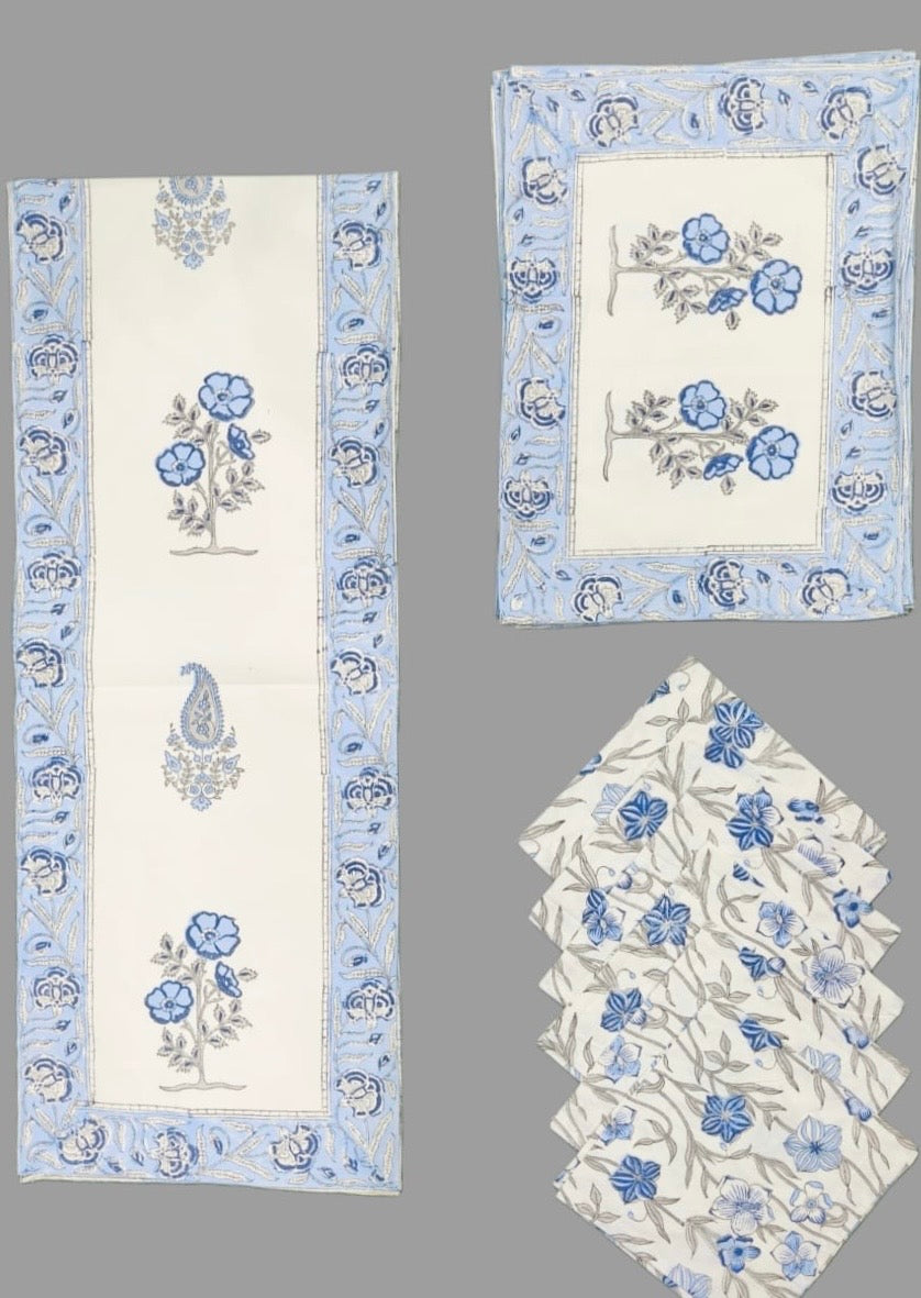 Pure cotton hand block printed placemats, runner and napkin combo for 6 seater dining table