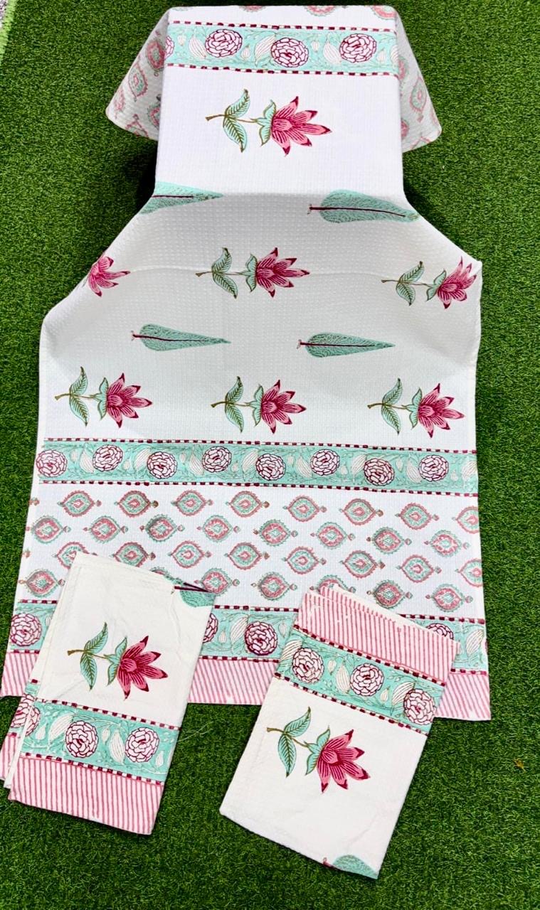Pure cotton waffled textured hand-block printed bath combos (1 bath and 2 hand towels)