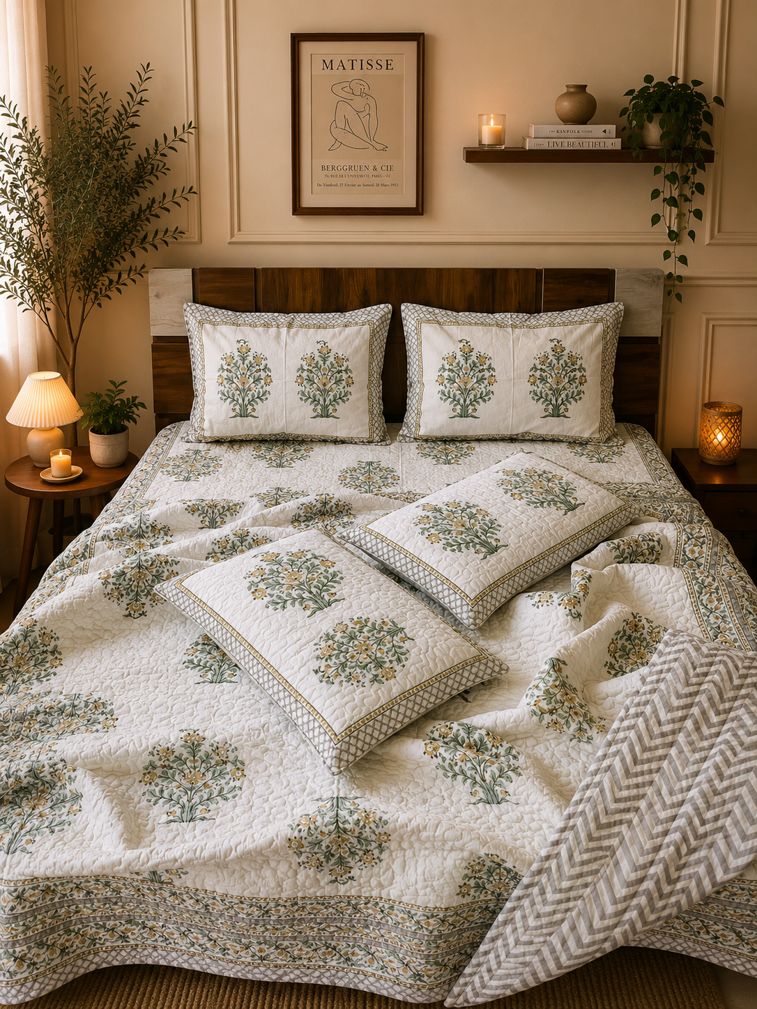 Pure cotton handblock printed king size 6 piece bedding set