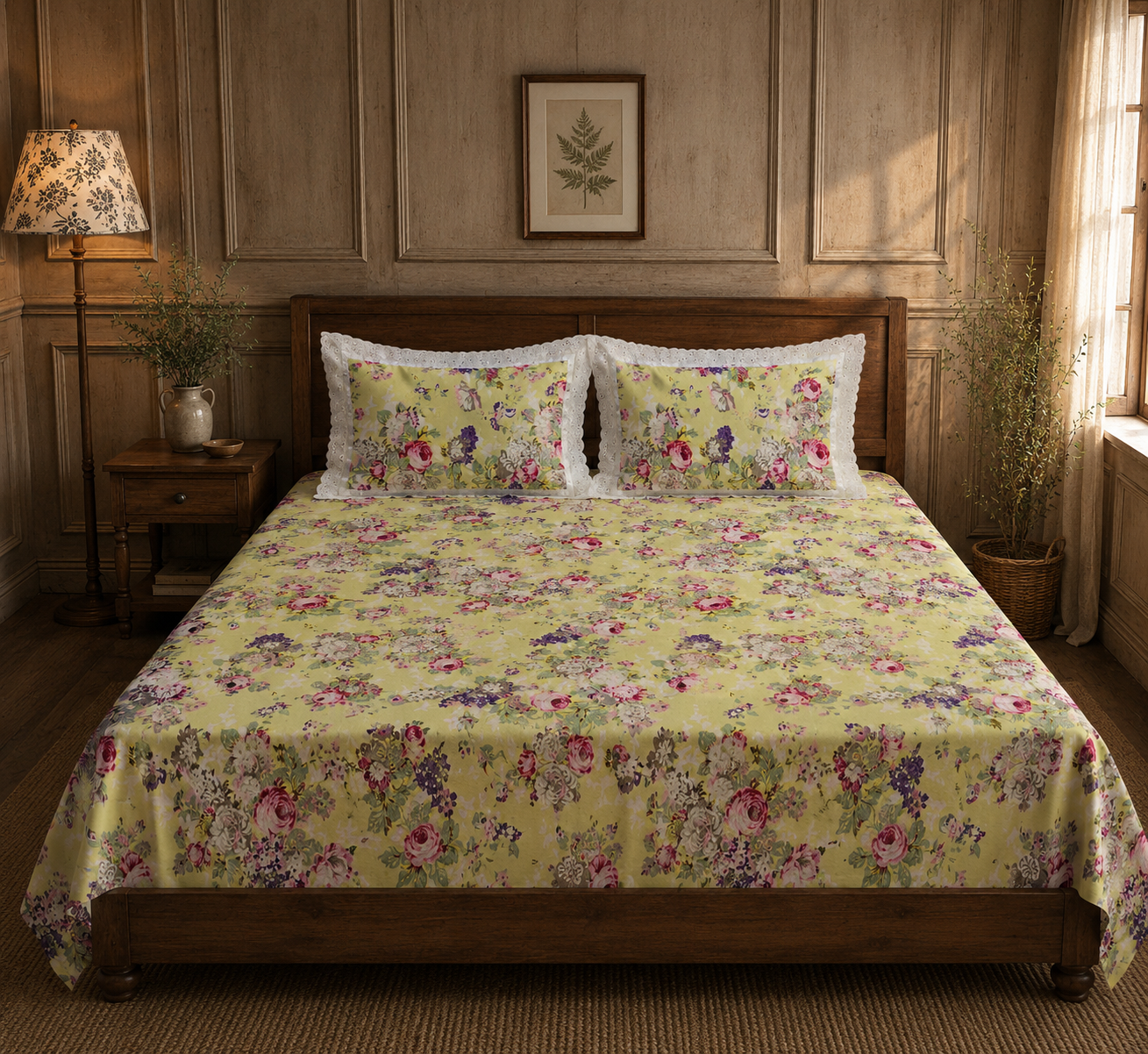 Pure cotton super king size bedsheets with 2 laced pillow covers (108x108 inches/9x9 feet)