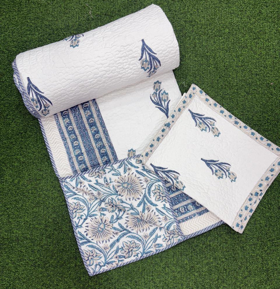 Pure mulmul cotton paani jaal quilted bedcovers with 2 quilted pillow covers for king size beds (90x108 inches)