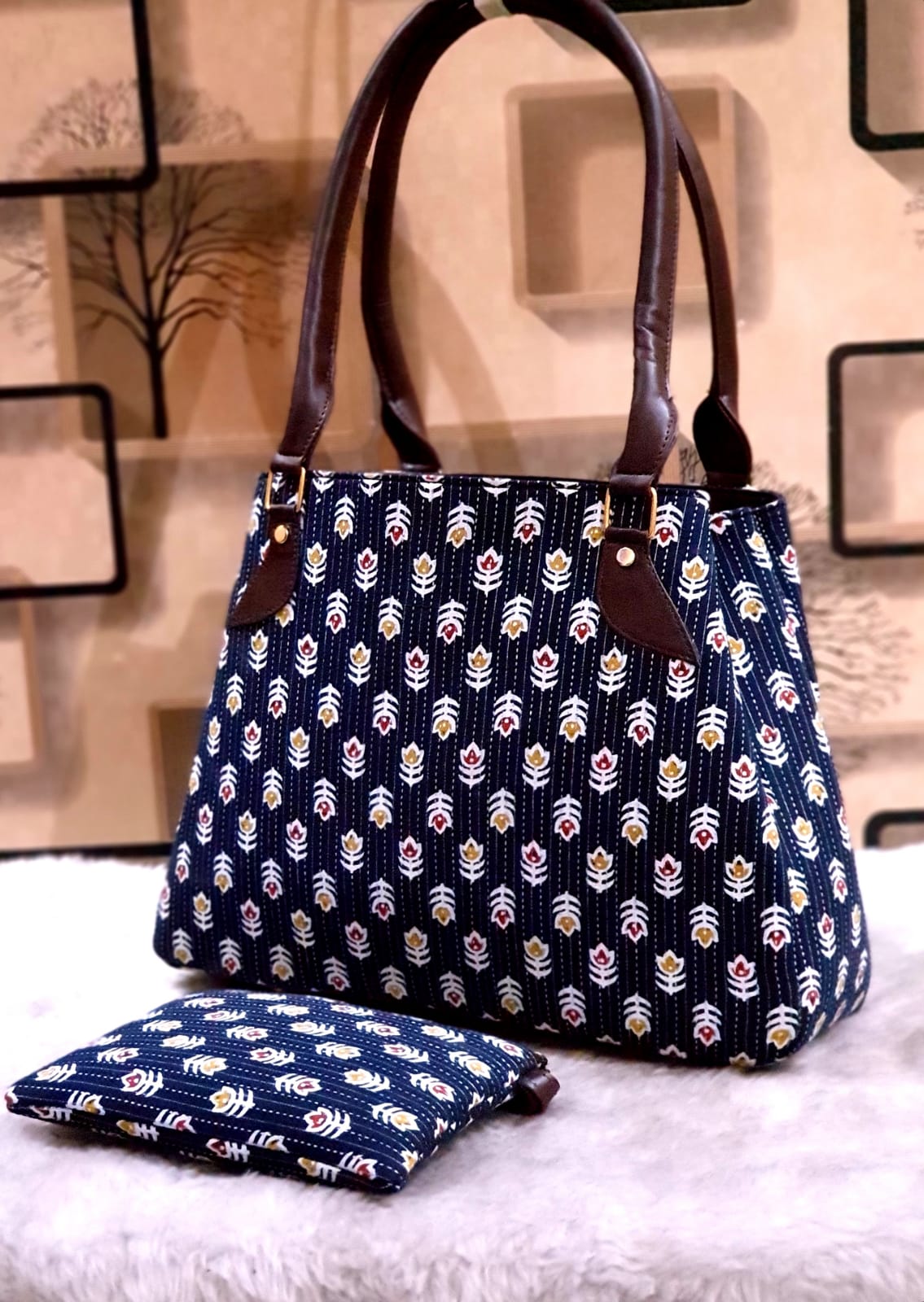 Hand Block Printed fabric handbags with money pouch