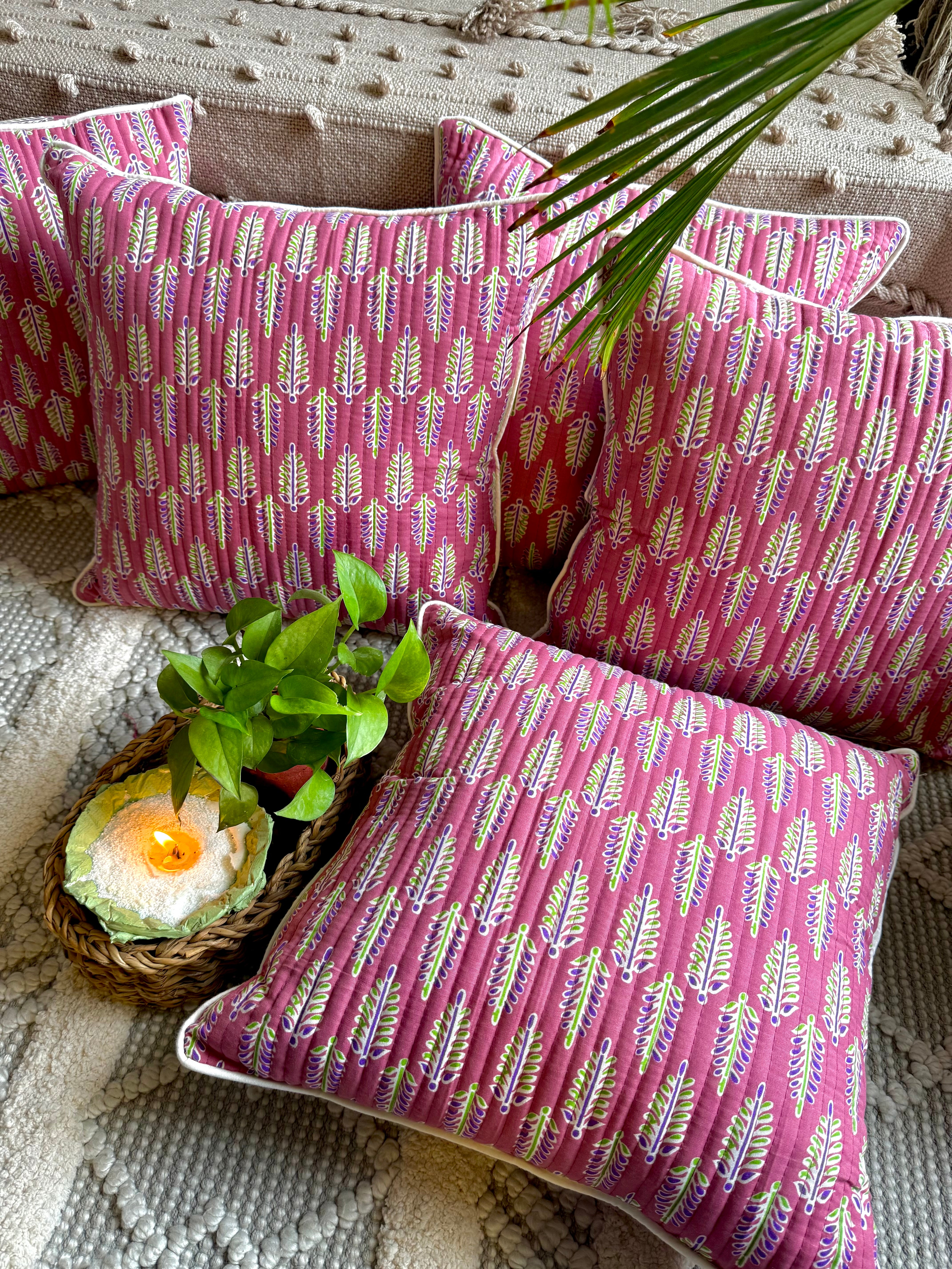 Pure cotton hand block printed quilted cushion covers 16x16 inches (Set of 5)