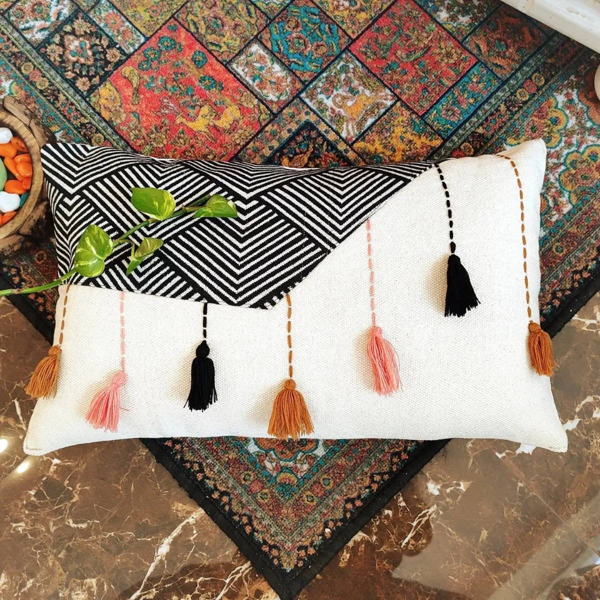 Patch work combined with Kantha work and tasseled cushion cover (30x50 cms)