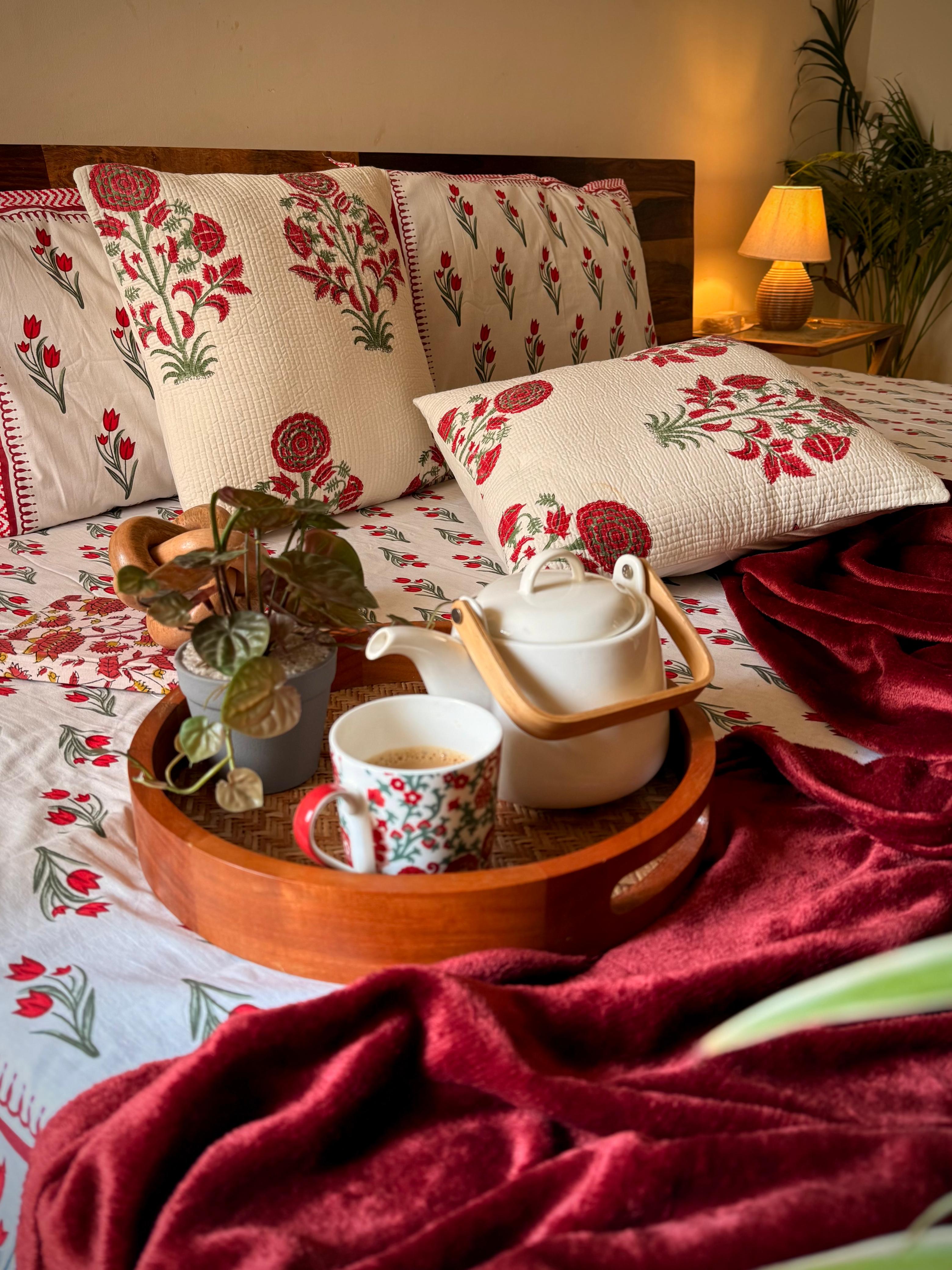 Pure cotton hand block printed quilted cushion covers 16x16 inches (Set of 2)