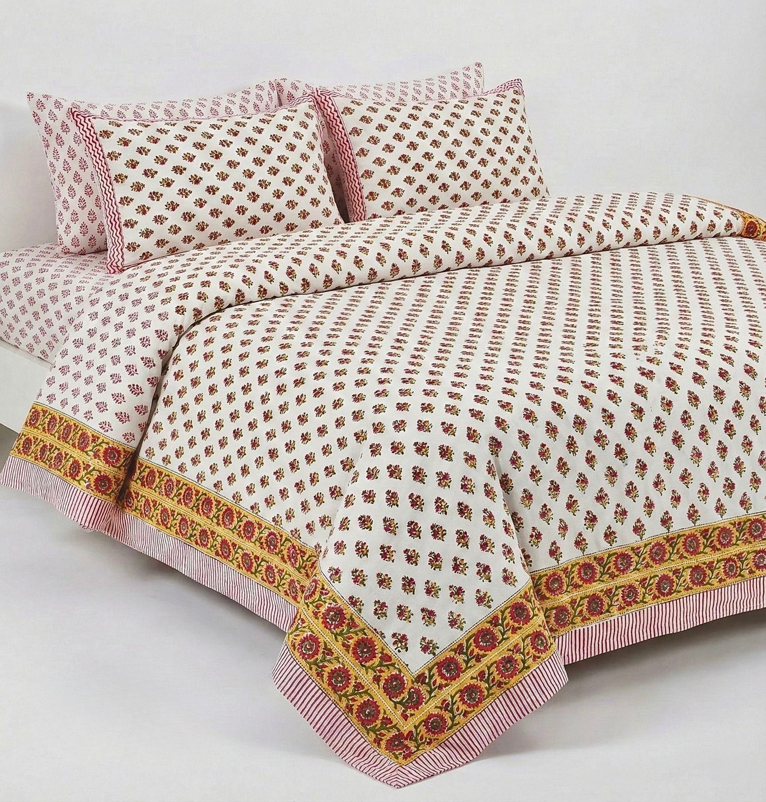 Pure cotton hand-block printed super king size double bedsheets with 2 pillow covers (108x108 inches)