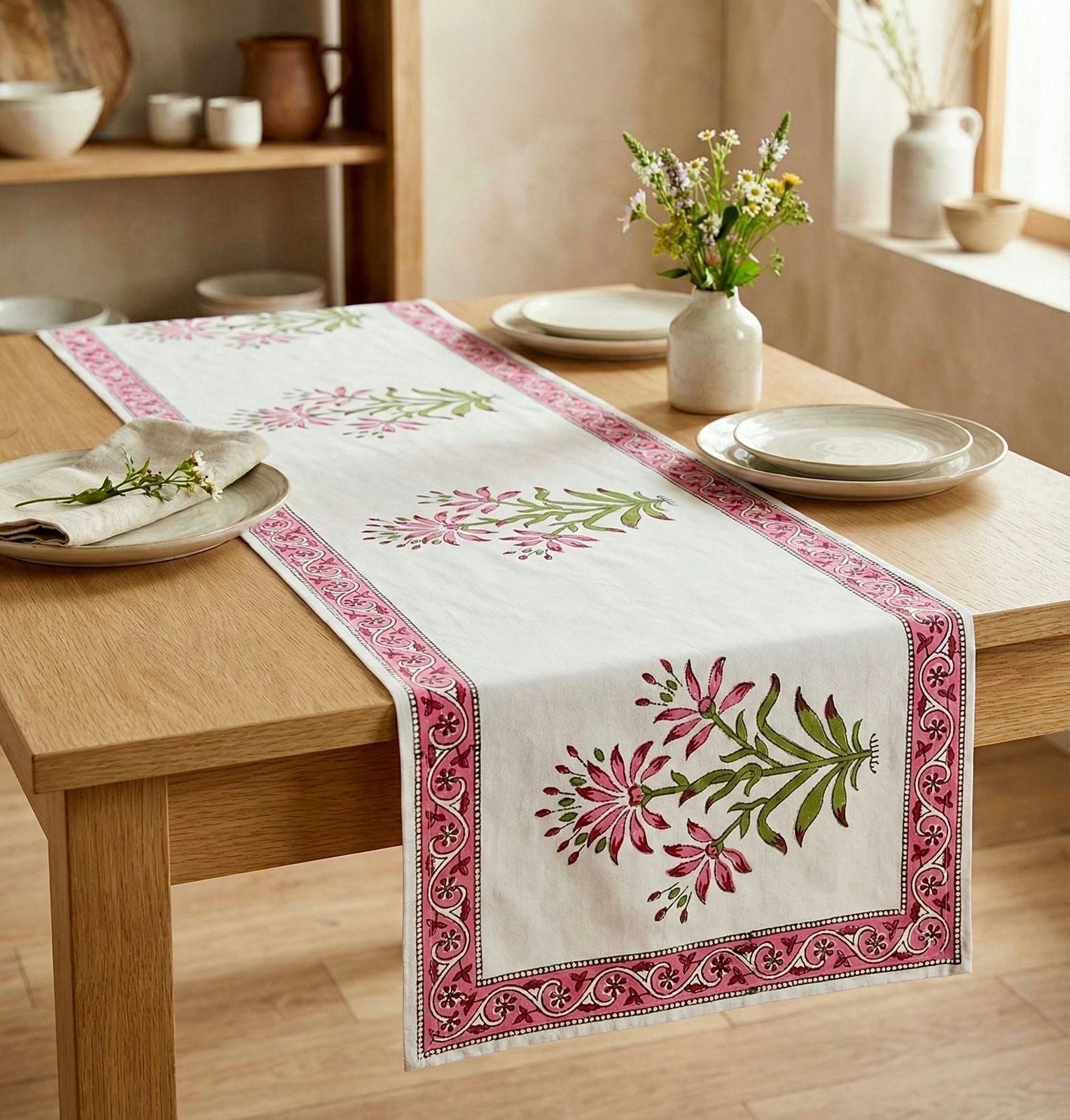 Pure canvas cotton handblock printed runners for 4 and 6 seater dining tables