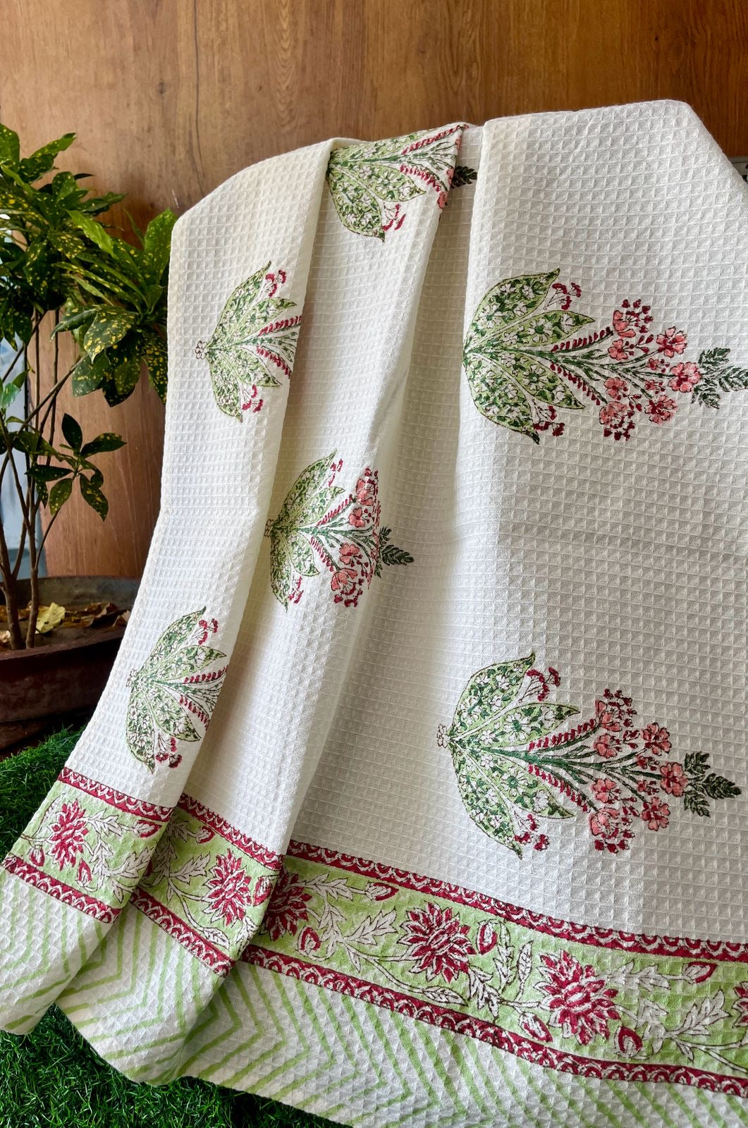 Pure cotton, hand-block printed waffle textured luxury bath towel
