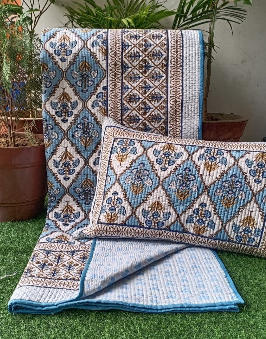 Pure cotton Ikkat quilted and reversible bedcover with two quilted pillow covers (90x108 inches) offer