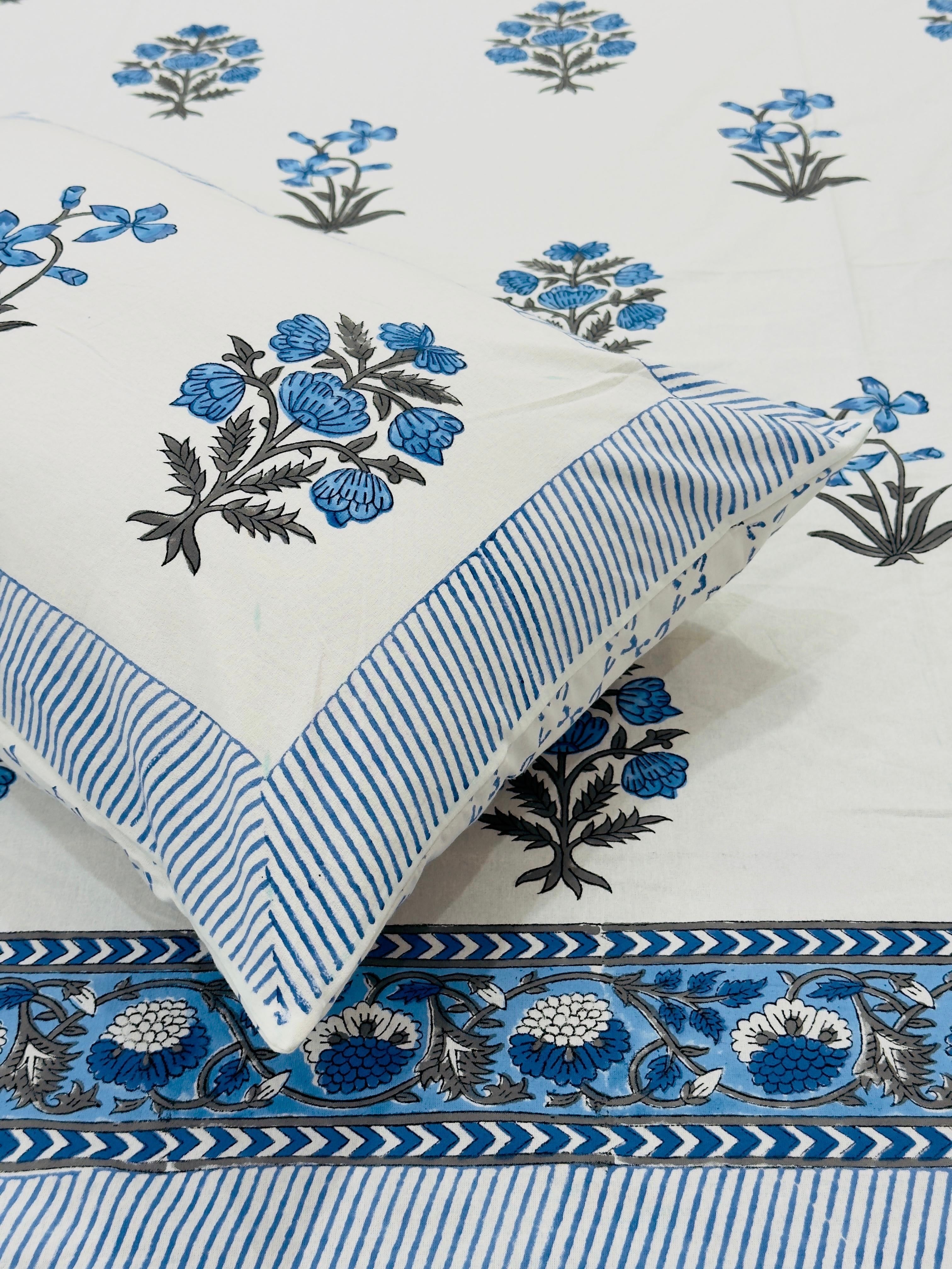 Pure cotton handblock printed king size bedsheet with 2 pillow covers (100x108 inches)