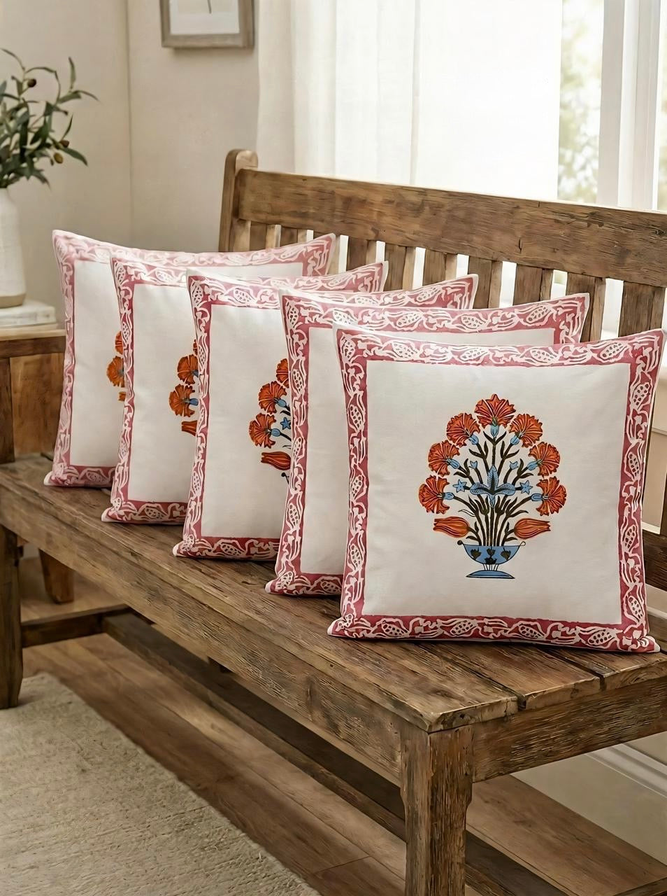Pure cotton hand-block printed set of 5 cushion covers (16x16 inches)