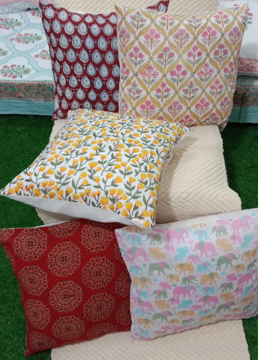 Pure cotton handblock printed set of 5 assorted cushion covers (16x16 inches) Offer