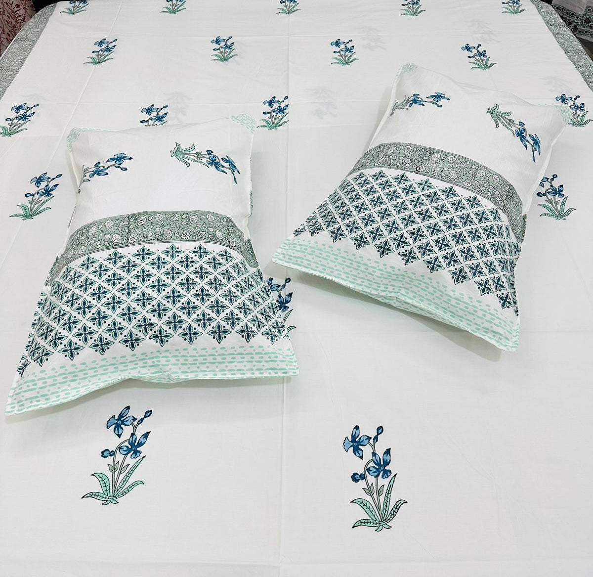 Wooden Handblock printed king size bedsheet with two flapped pillow covers (100x108 inches)