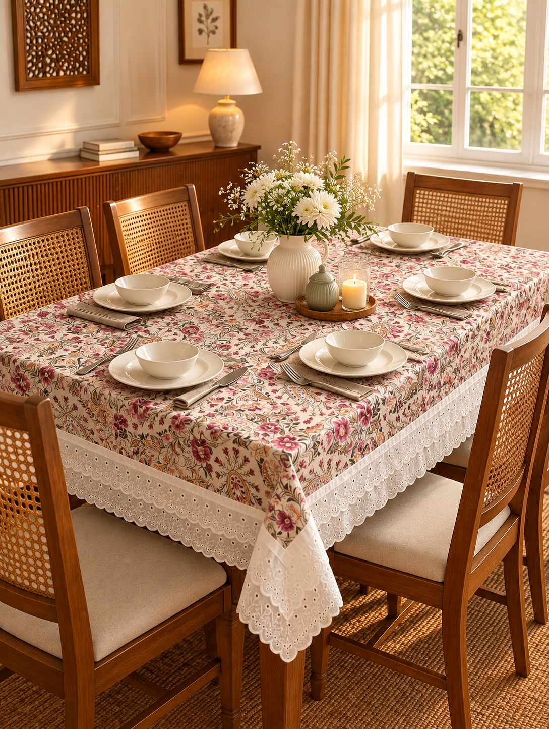 Pure cotton laced table covers for 4, 6 and 8 seater dining tables