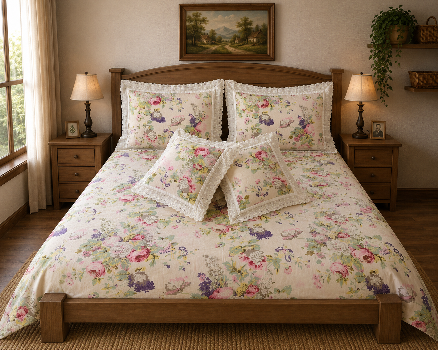 Pure cotton 5 piece bedding sets with 2 laced pillow covers and 2 laced cushion cover (108x108 inches)