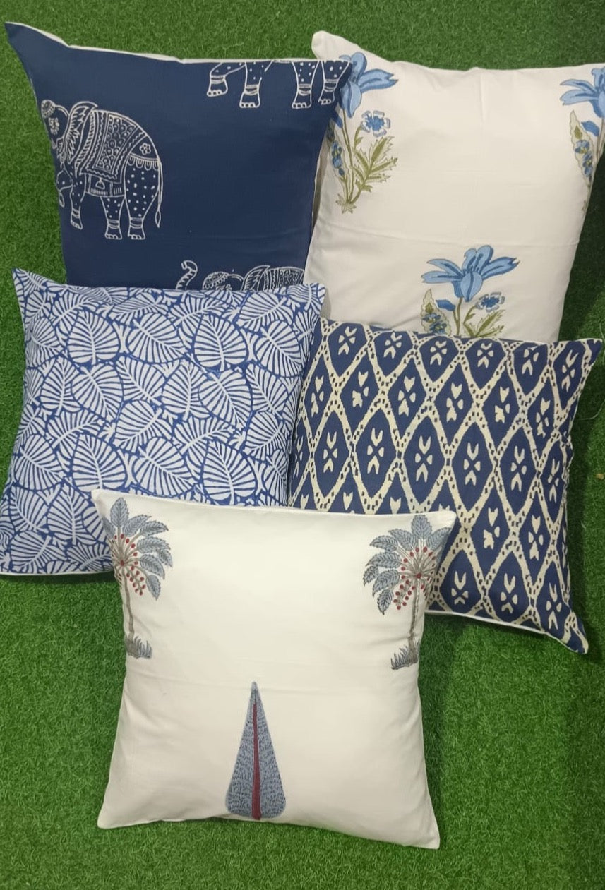 Pure cotton handblock printed set of 5 assorted cushion covers (16x16 inches) Offer
