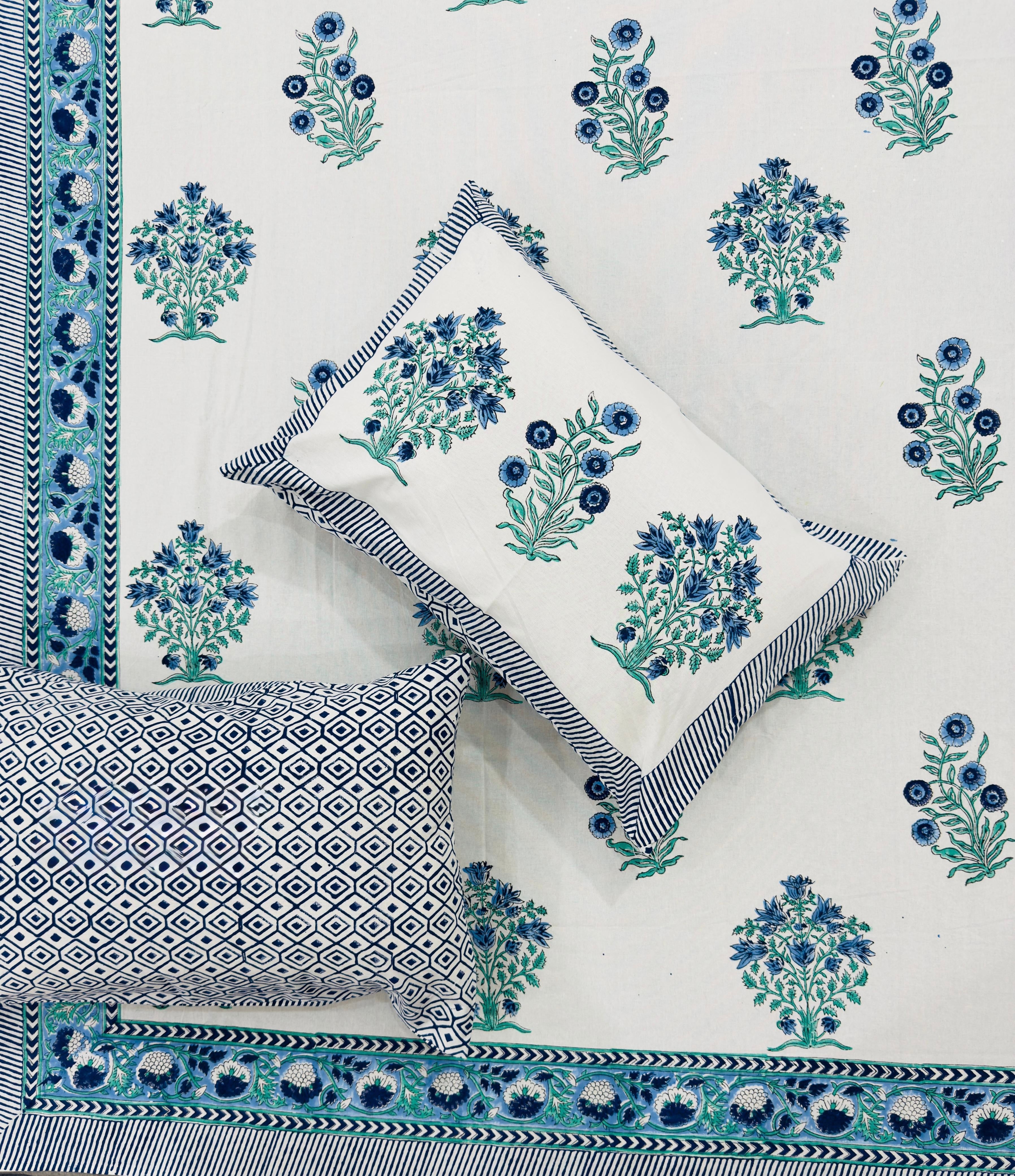 Pure cotton hand-block printed super king size double bedsheets with 2 pillow covers (108x108 inches)