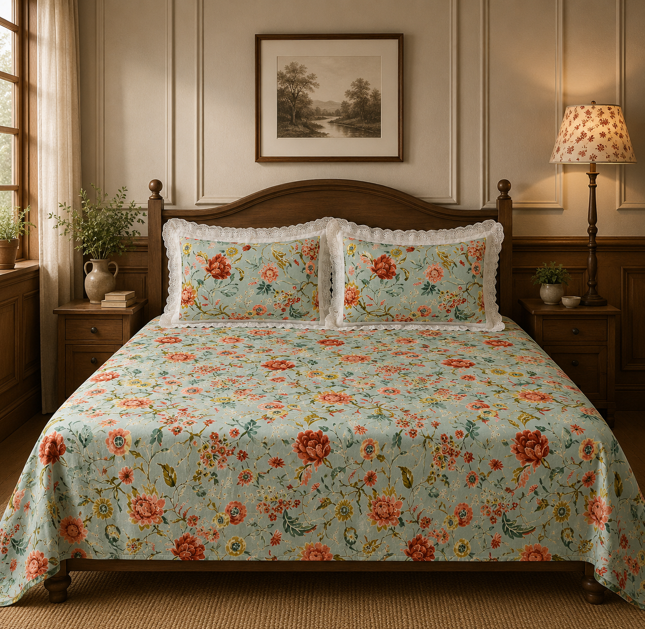 Pure cotton super king size bedsheets with 2 laced pillow covers (108x108 inches/9x9 feet)