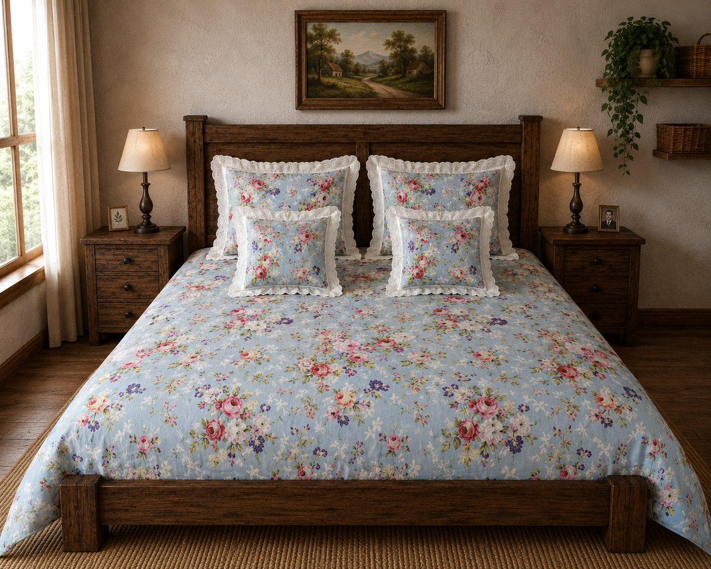 Pure cotton 5 piece bedding sets with 2 laced pillow covers and 2 laced cushion cover (108x108 inches)