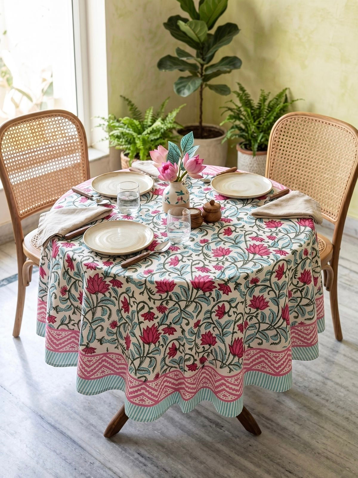 Pure cotton hand-block printed 2 seater round coffee table covers