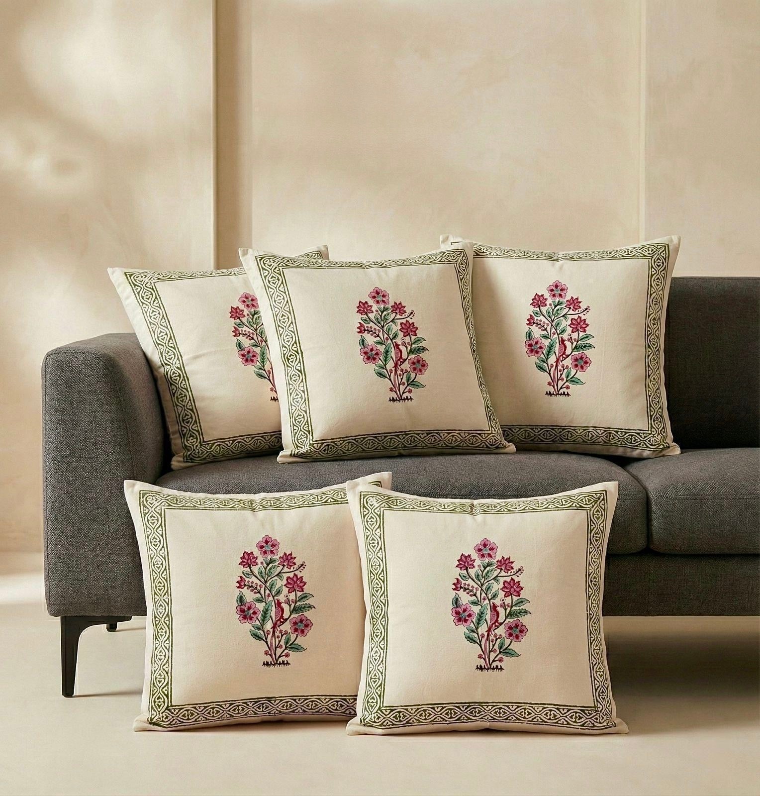 Pure cotton hand-block printed set of 5 cushion covers (16x16 inches)