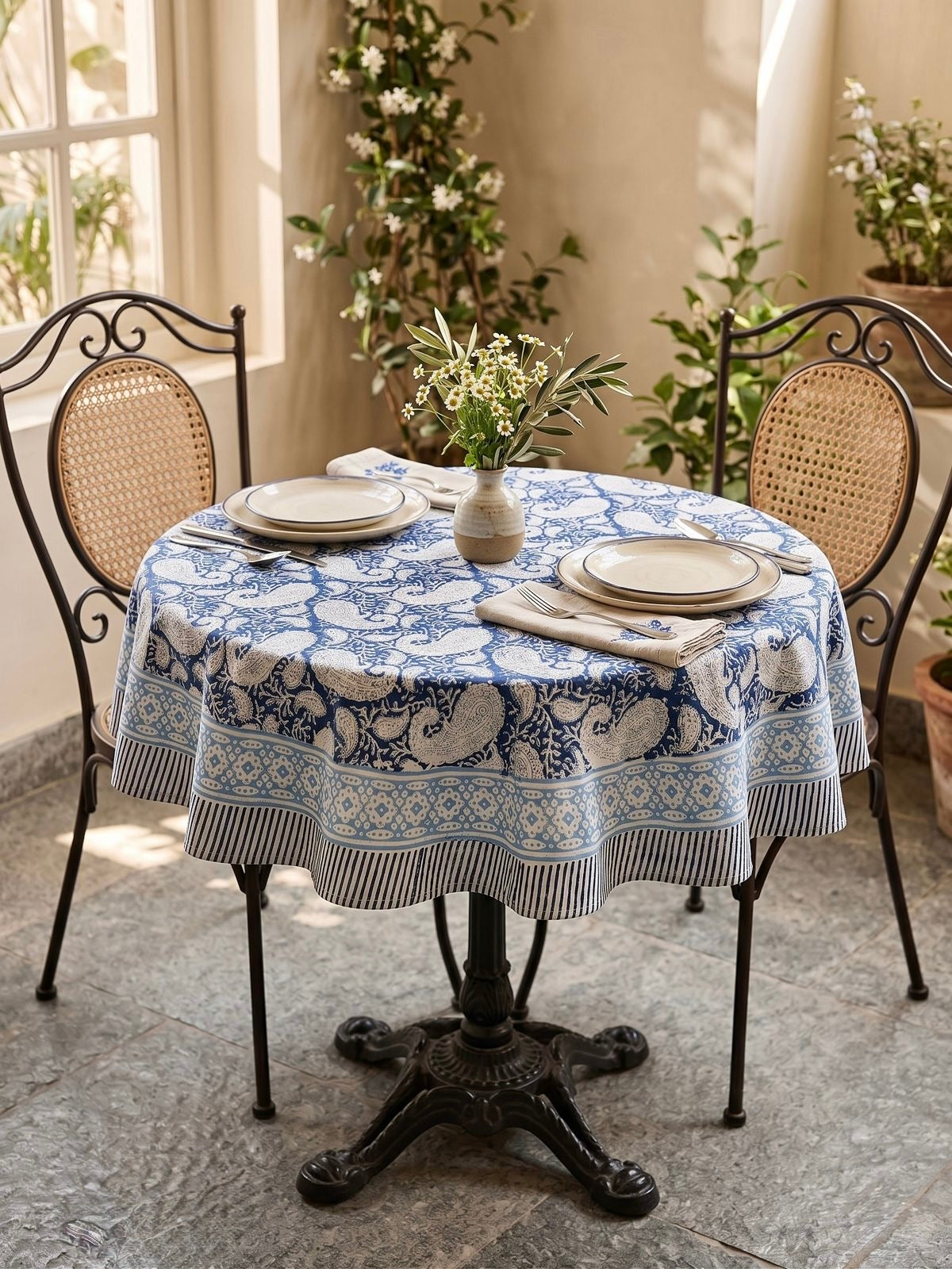 Pure cotton hand-block printed 2 seater round coffee table covers