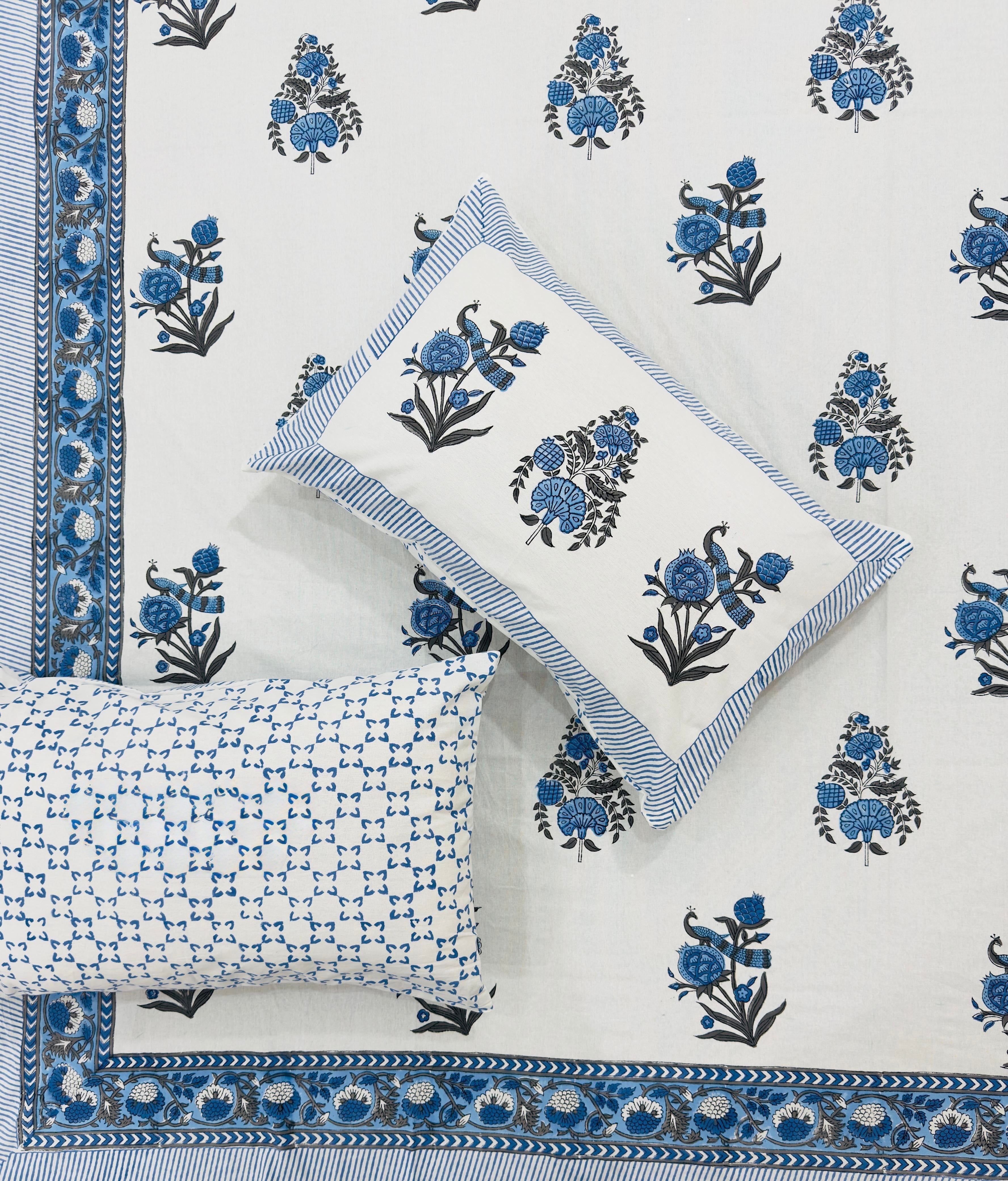 Pure cotton handblock printed king size bedsheet with 2 pillow covers (100x108 inches)