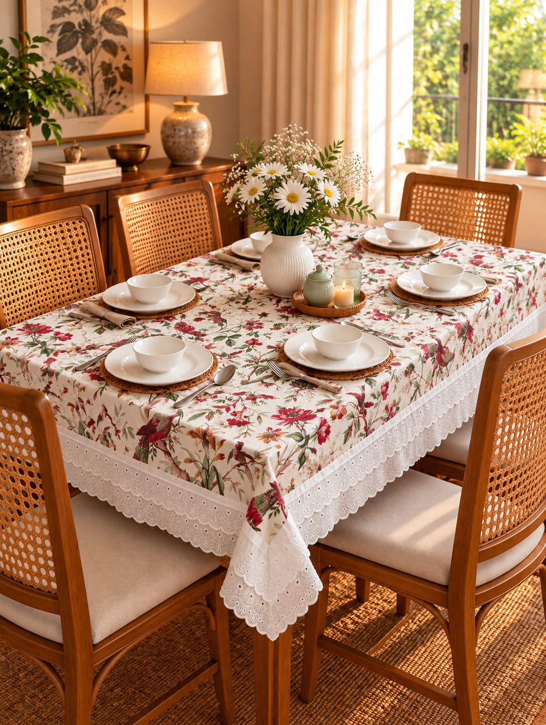 Pure cotton laced table covers for 4, 6 and 8 seater dining tables
