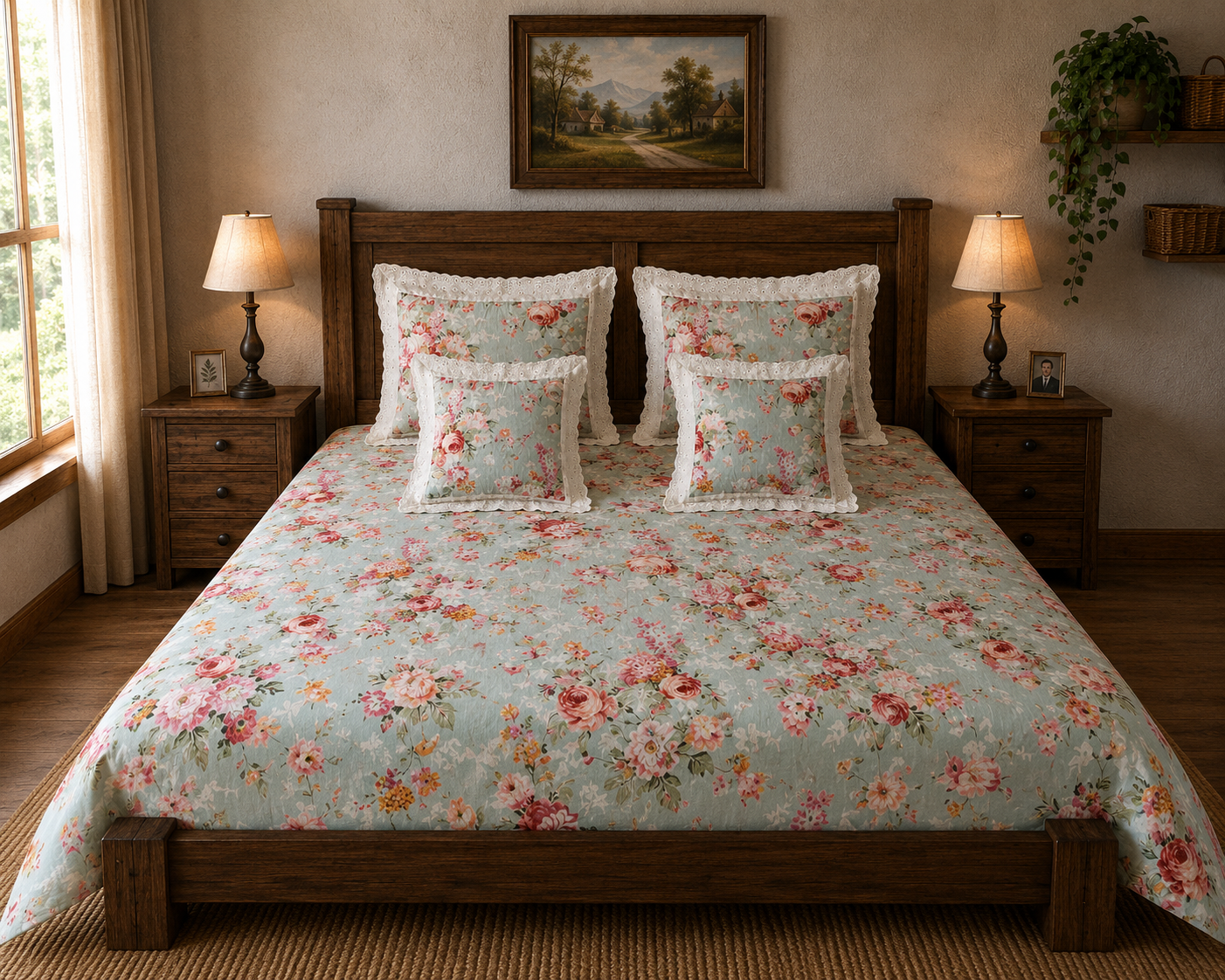 Pure cotton 5 piece bedding sets with 2 laced pillow covers and 2 laced cushion cover (108x108 inches)