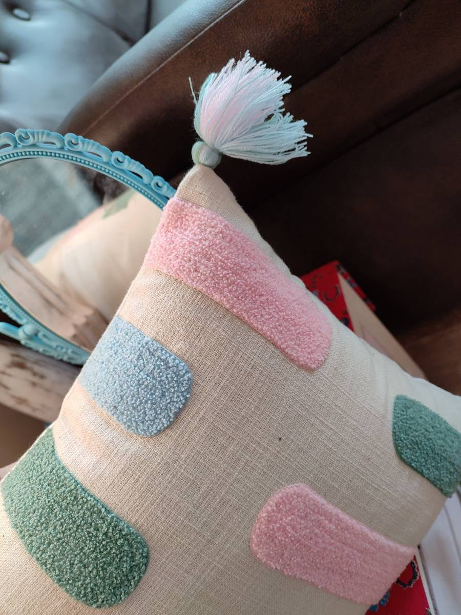 Handmade aari work tasseled cushion cover (30x50 cms)