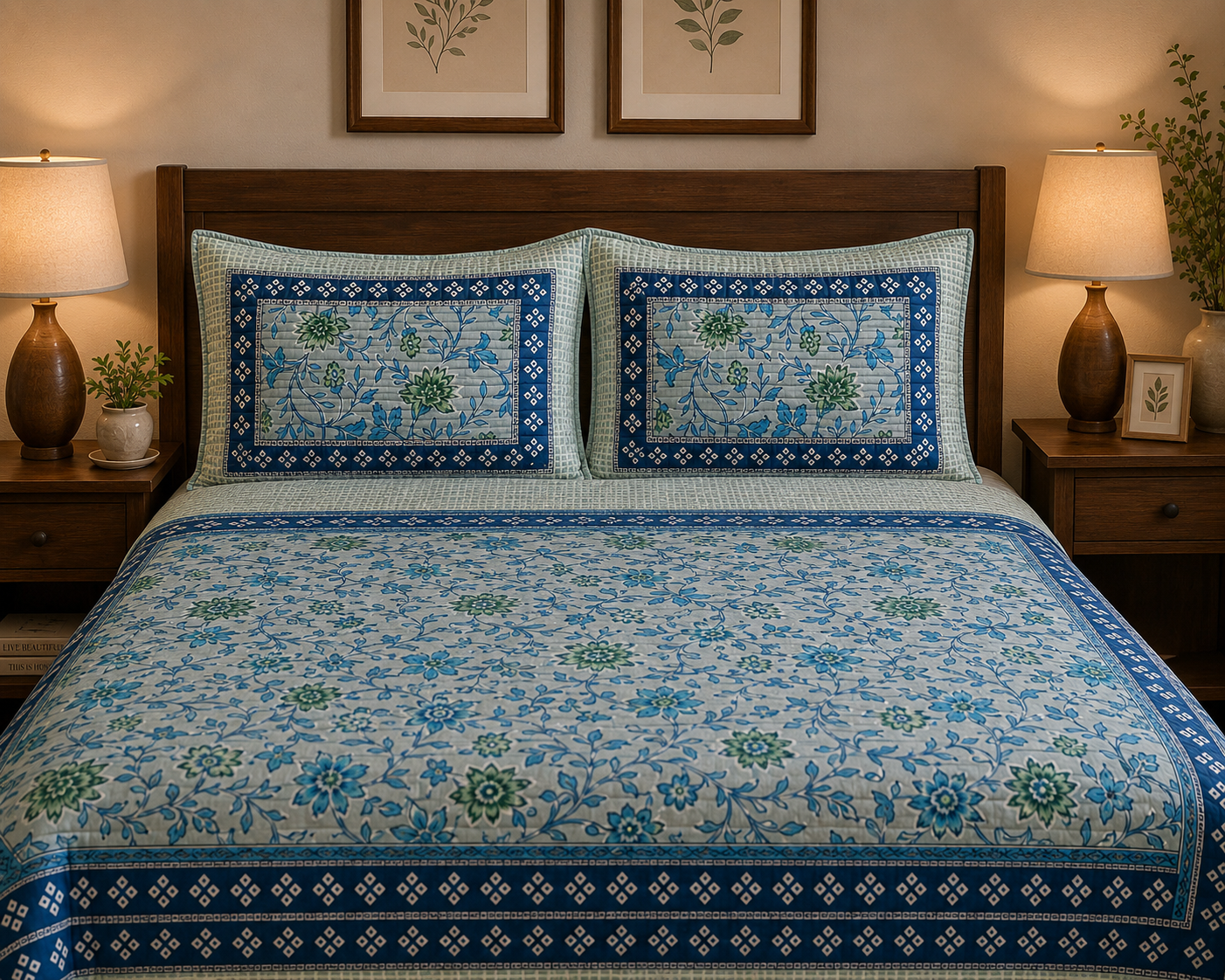 Pure cotton king size bedsheets with 2 quilted pillow covers (100x108 inches)