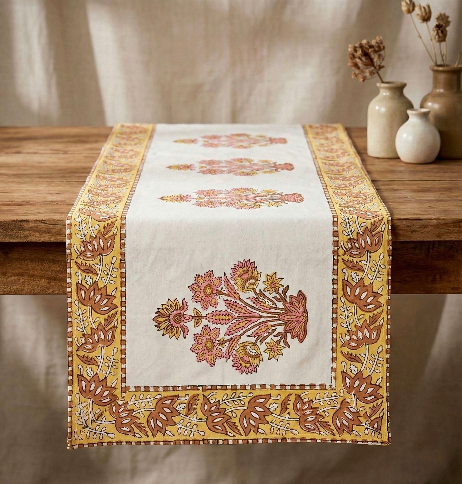 Pure canvas cotton handblock printed runners for 4 and 6 seater dining tables