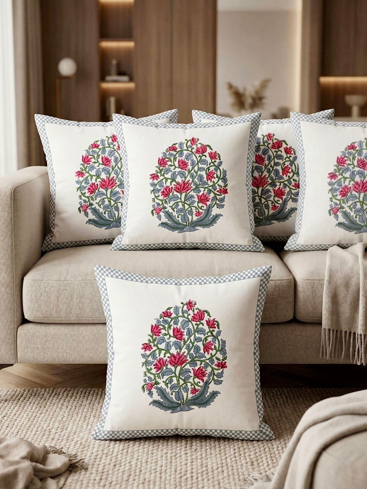 Pure cotton hand-block printed set of 5 cushion covers (16x16 inches)